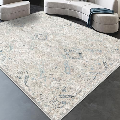 8x10 Indoor Area Rug - Vintage Retro Non-Slip Washable Chenille Home Carpet - Grey/Blue/Teal/Green/Tan - Lightweight, Low Pile, Perfect for Living Room & Bedroom (Warm Grey/Blue, Rectangular)