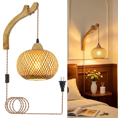 Orange Bamboo Wall Sconce - Hand Woven Rattan Farmhouse Wall Lamp with Plug-in Cord