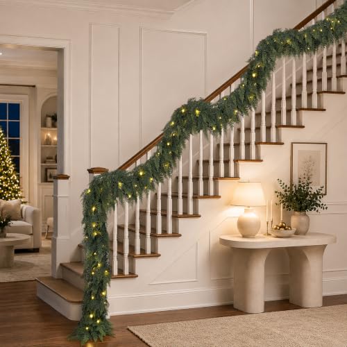 Green 15FT Prelit Cedar Garland with 8 Lighting Modes for Christmas Decor