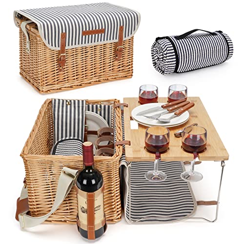 Picnic Basket for 4 with Detachable Wine Table - Stripe, L Size