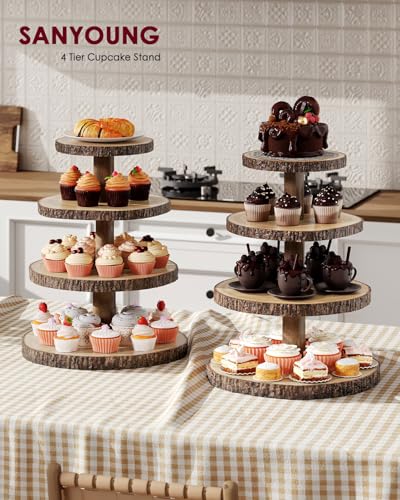 Round 4-Tier Wooden Cupcake Stand - Rustic Cake Display Holder for Events