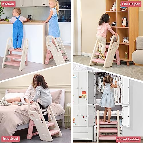 Pink Foldable Toddler Step Stool with Handles - Adjustable Bathroom Sink & Kitchen Helper