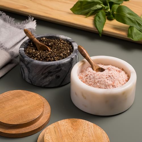 Marble Salt and Pepper Bowls Set with Wooden Lids & Spoons – Elegant Kitchen Accessories