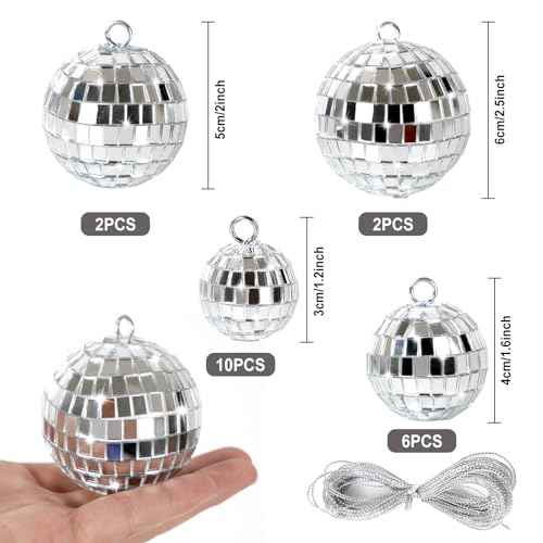 20 Pcs Mirror Disco Ball Hanging Ornaments Silver Glass Decor 70s Disco Party Decorations Ornament with Rope for Dance Birthday 70s Theme Party