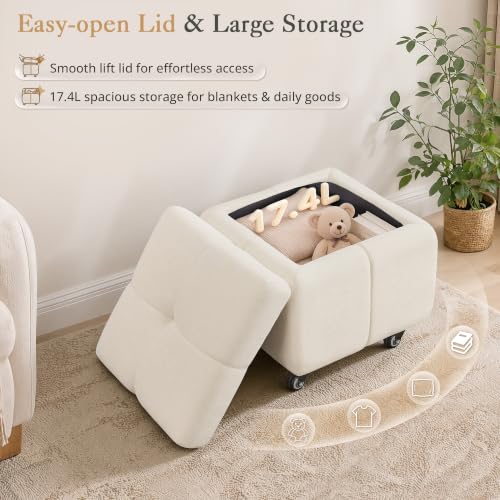 LUE BONA Beige Square Storage Ottoman with Wheels, 17.4L Tufted Foot Rest & Hidden Storage