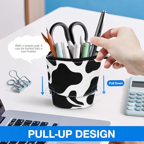 KPX Cow Print Cute Standing Pencil Case for Kids | Pop-Up Canvas Pencil Box & Makeup Pouch