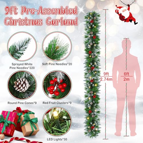 Shearly Green Christmas Garland with Lights 9FT Indoor Outdoor Decor