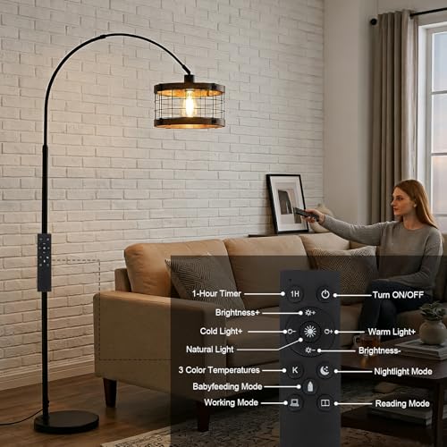Airposta Arc Floor Lamp with Remote Dimmable LED Bulb, Vintage Farmhouse Style