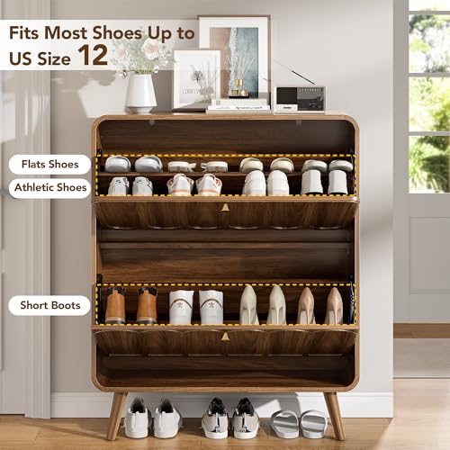 Decofy Dark Walnut Shoe Cabinet with 2 Flip Drawers & Adjustable Shelves