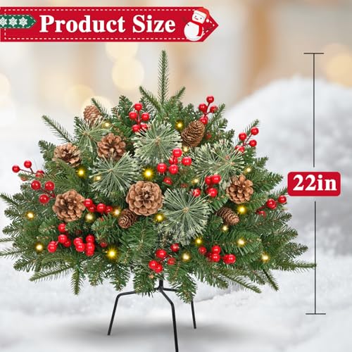 Waipfaru 26-Inch Outdoor Prelit Planter Bushes with Cones & Red Berries - Light Green 2 Pack