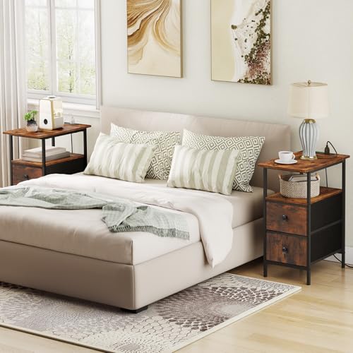End Table with Charging Station Set of 2 - Rustic Brown and Black Nightstands with USB & Power Outlet