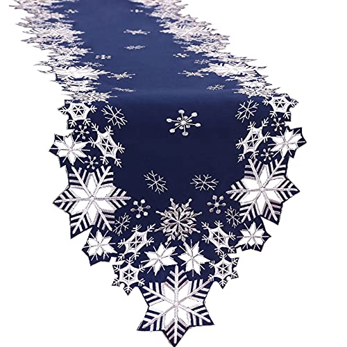 Simhomsen Embroidered Snowflakes Christmas Table Runner 14x69 Inches Navy Blue