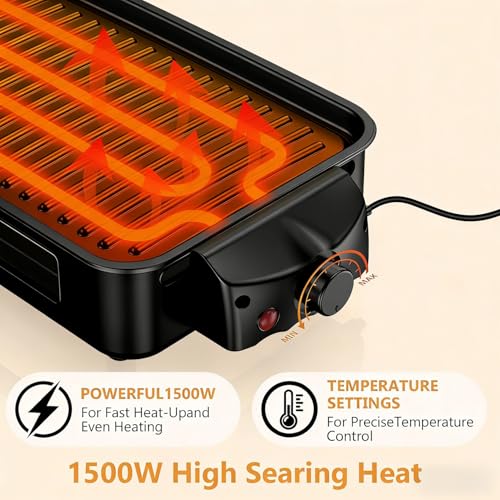 NAUQUOHZ Black 1700W Smokeless Indoor Electric Grill with Removable Non-Stick Grates