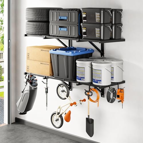 FLEXIMOUNTS 2 Pack 2x4ft Garage Wall Shelving Heavy Duty Steel with 8 Hooks