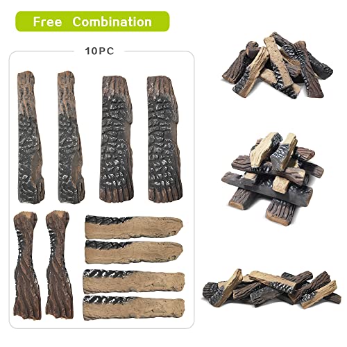Large Ceramic Gas Fireplace Logs Set of 10 - Realistic Firewood for Indoor & Outdoor Firepits