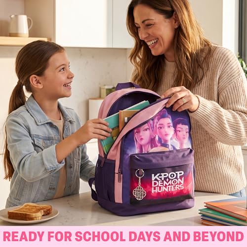 Get Trend KPop Demon Hunters Backpack for Girls - Purple/Pink, 18in Official Bookbag with Adjustable Padded Straps, Lightweight School & Travel Bag