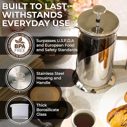 Silver 34oz French Press Coffee Maker with 4-Level Filter - Cafe Du Chateau