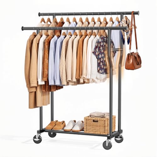 WATIOWL Black Double Rod Clothes Rack - Heavy Duty Portable Garment Storage with Wheels