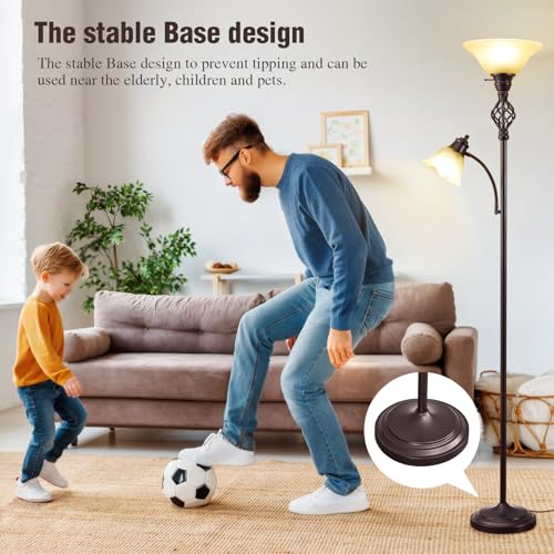 GyroVu Torchiere Floor Lamp for Living Room - Red Brown & Yellow Frosted Glass Shade