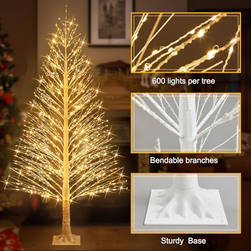Rossesay 4ft 600LED Christmas Birch Tree Lights Outdoor Indoor Twinkle Tree with 8 Modes