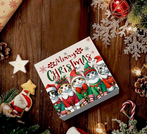 Merry Christmas Cat Bathroom Decor Sign - Cute 5x5 Inch Wooden Cat Sign