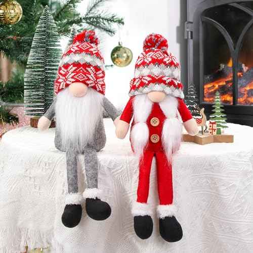 Christmas Gnomes Decorations 2 Pack Handmade Elf Santa Tomte Swedish Gnome Scandinavian Figurine Nordic Gnome Christmas Table Home Ornaments for Holiday Party Gifts