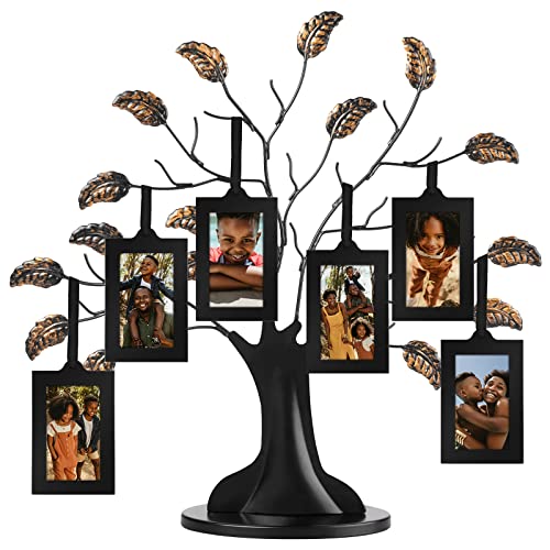 Americanflat Black Family Tree Picture Frame Set with 6 Photos & Bronze Leaves - Adjustable Ribbon Tassels, Mother's Day Gift