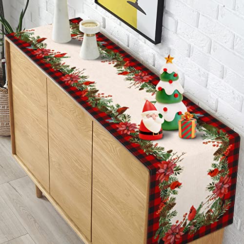 Christmas Cardinal Table Runner Buffalo Plaid Check Poinsettia Holly Xmas Winter Holiday Kitchen Dining Home Decorations (13" x 72")