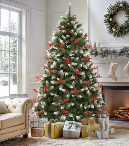 DWVO 9ft Pre-Lit Christmas Tree with Pine Cones & Red Berries, 2058 Tips, 900 Lights, Green with Pine Cone & 8ft 11in Variation