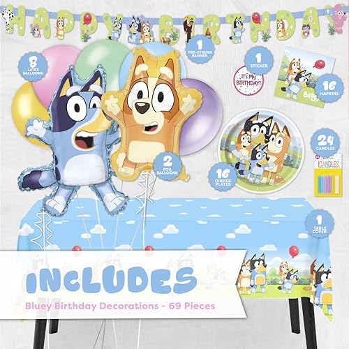 Bluey Birthday Decorations Party Pack for 16 Guests with Balloons & Tableware
