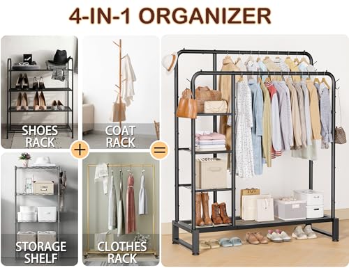 Black Double Rod Clothes Rack with Storage Shelves and Hooks - Heavy Duty Garment Organizer