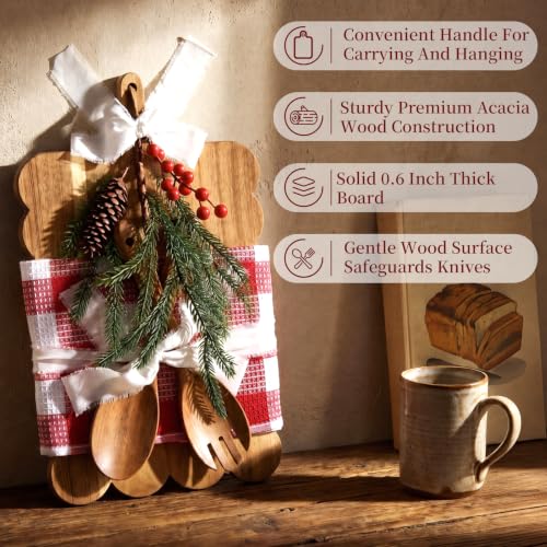 Willinglong 6 pcs Christmas Scalloped Acacia Wood Cheese Board Gift Set