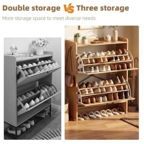 Natural Shoe Storage Cabinet with Flip Drawers & Slim 3-Tier Rack - Small Entryway Organizer