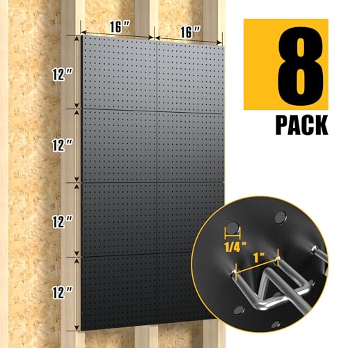 Black Metal Pegboard Panels 8 Pack - 16x12 Inch Wall Organizer with 50 Hooks
