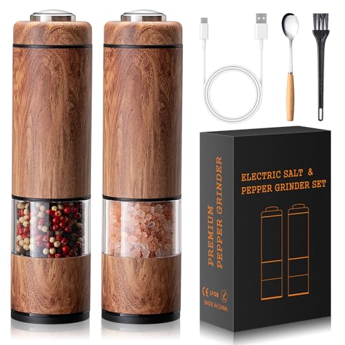 Rechargeable Electric Salt and Pepper Grinder Set with Adjustable Coarseness - Wood Grain