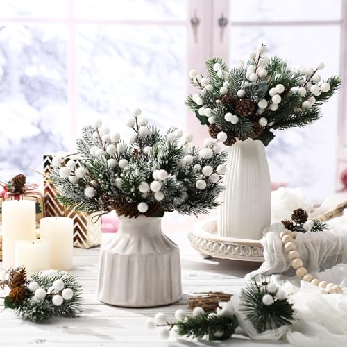 50 Pcs Christmas Floral Picks with Snowy Berry Stem - White (Zeyune)