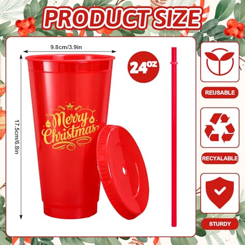 Whaline Christmas 12-Pack Reusable Plastic Tumblers with Lids & Straws - 24oz Holiday Party Cups in Red, Green, White Snow Design