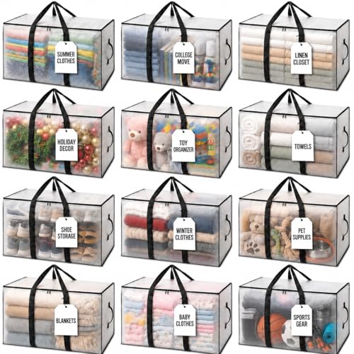 Heavy Duty Moving & Storage Bags with Lids - 12 Pack, Clear, 29" x 13" x 14" - Large Capacity, Reusable Organizers