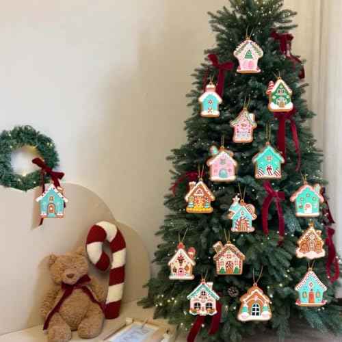 Soft Gingerbread House Ornaments - 16pcs Fake Christmas Cookies, Cute Gingerbread Man Figurines with Cord for Xmas Tree