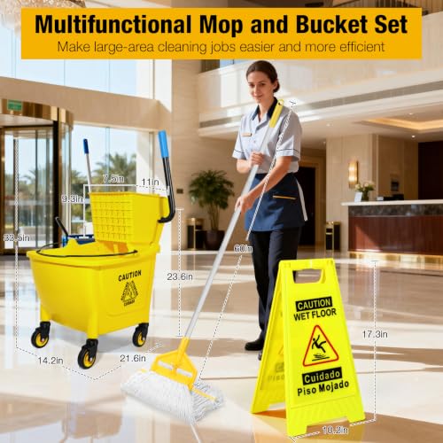 35Qt Commercial Mop Bucket with Side Press Wringer on Wheels - Yellow