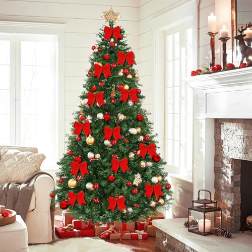 12Pcs Red Velvet Bows Christmas Tree Decorations,6 Inch Xmas Ornaments for Tree Home Party Front Door Wreath Holiday Indoor Inside Decor