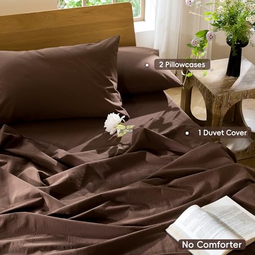 MooMee Duvet Cover Set Queen - 100% Washed Cotton Linen Look Cocoa Brown Variation