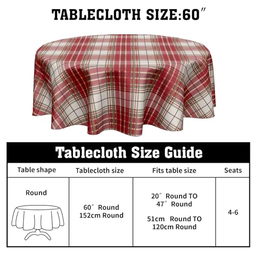 Ancordivo Xmas Plaid Round Tablecloth 60 Inch Red Green Holiday Checkered Dining Cover