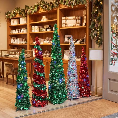 VioraWhite 5-Pcs Red & Green 4/5/6 ft Pop-Up Christmas Pencil Tree with 300 LED Lights