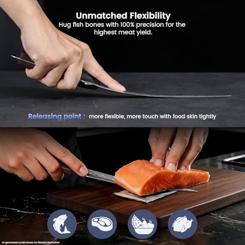SYOKAMI 9 Inch Fillet Knife with Leather Sheath - Flexible Fish & Meat Boning Knife, Non-Slip Wooden Handle, Professional Japanese Outdoors Kitchen Tool