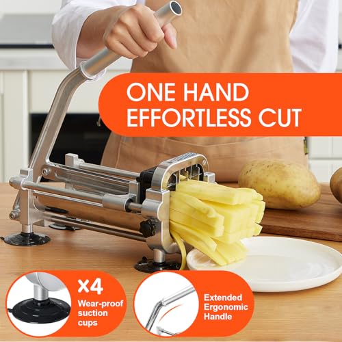 French Fry Cutter - Stainless Steel Potato Slicer with 1/4, 3/8 & 1/2 Inch Blades - Manual Vegetable Cutter with Interchangeable Blades