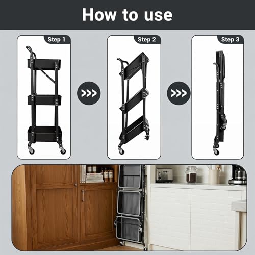 Amatic Black 3-Tier Foldable Rolling Utility Cart with Wheels & Hooks