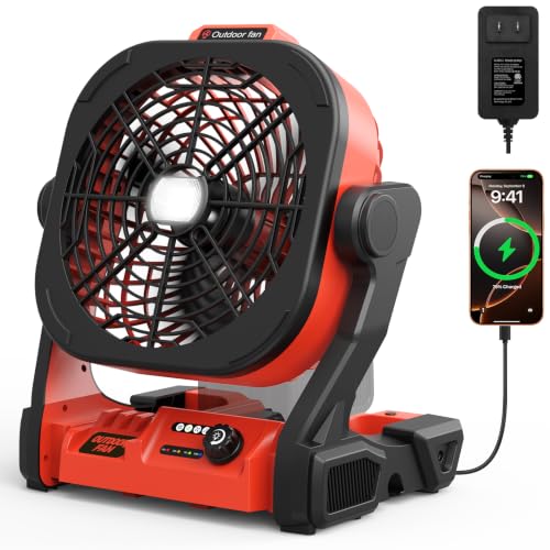 Red Battery Operated Camping Fan with USB Charging & LED Lights - Portable, 4 Speeds, Hook, for Milwaukee M18 Batteries