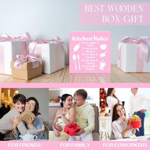 Funny Kitchen Rules Kitchen Decorations Kitchen Sing with Saying Wooden Box Sign Wood Square Box Sign for Tiered Tray Wall Decor for Home Canteen Dining Room Restaurant Dining Hall Pink
