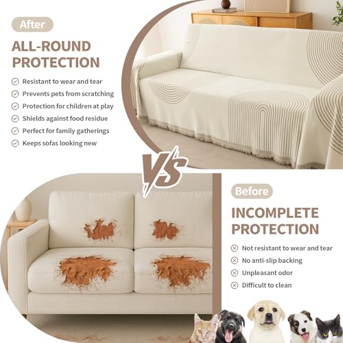 Boho Couch Cover for Sofa - 71x102 Inch Washable Chenille Protector with Variation Arc Cream